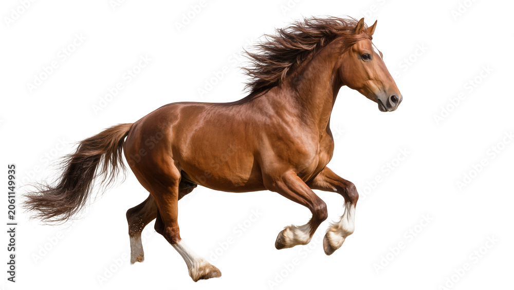 Fototapeta premium Brown horse with flowing mane and tail galloping