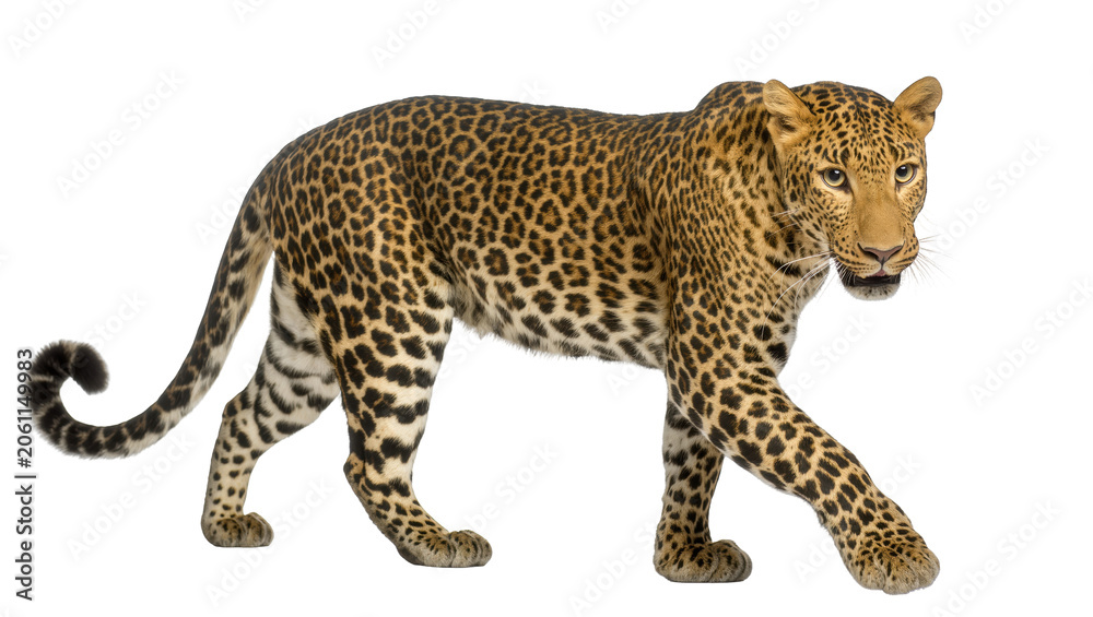 Fototapeta premium Leopard with spotted fur walking, isolated on transparent background