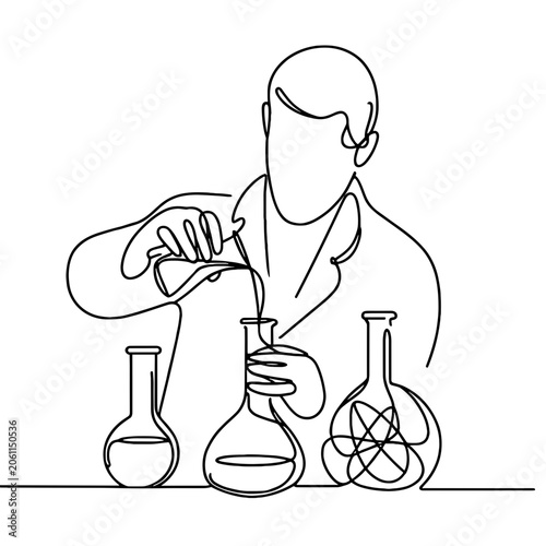 Chemist pouring liquid between laboratory flasks continuous one line art, Chemist pouring liquid betweewith laboratory flasks single line art