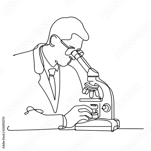 Scientist looking into microscope in laboratory continuous one line art, Scientist with microscope simple line drawing
