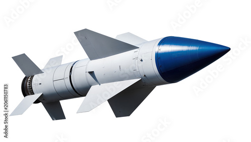 Bild auf Leinwand White and blue missile with fins and jet engine detail
