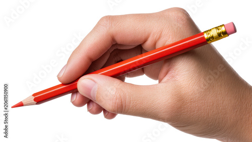 Foto Hand holding red pencil with eraser and gold ferrule