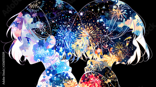 夏祭り、イラスト、女の子、かわいい、水彩画