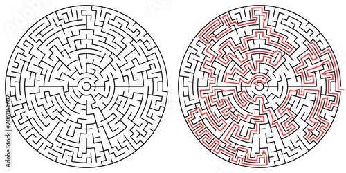 Complex circular maze puzzle with solution, difficult round labyrinth vector illustration for adult activity book and brain training games