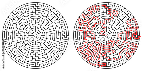 Complex circular maze puzzle with solution, difficult round labyrinth vector illustration for adult activity book, brain teaser and logic games