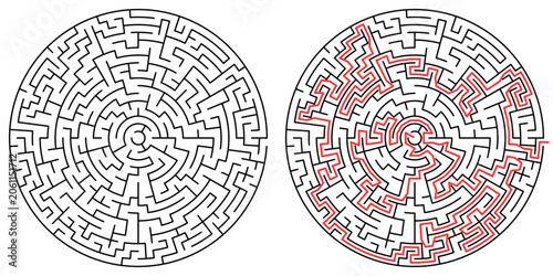 Complex circular maze puzzle with solution, difficult round labyrinth vector illustration for adult activity book, brain teaser and logic games