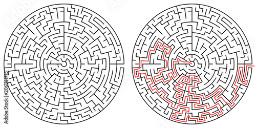 Complex circular maze puzzle with solution, difficult round labyrinth vector illustration for adult activity book, intelligence test and brain training