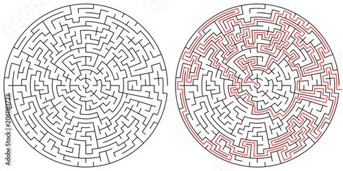 Complex circular maze puzzle with solution, difficult round labyrinth vector illustration for adult activity book, brain teaser and logic games