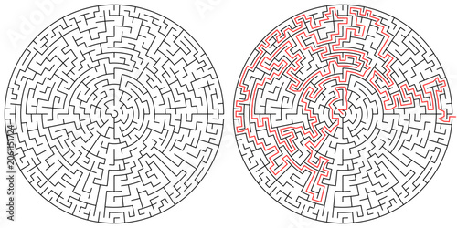 Complex circular maze puzzle with solution, difficult round labyrinth vector illustration for adult activity book, brain teaser and logic games
