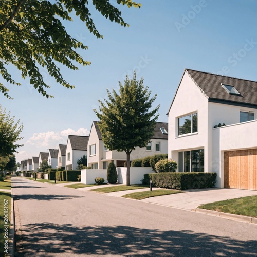 Modern Suburban Homes on a Serene Street Under Blue Skies V3