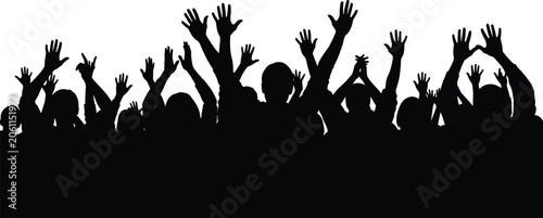 crowd silhouette cheering people with raised hands, concert party celebration, black vector illustration
