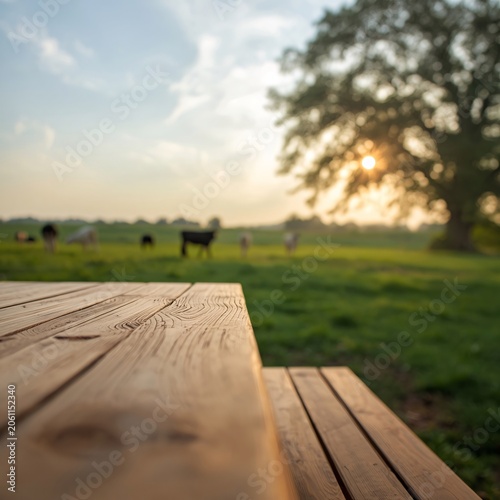 Rustic Picnic Table at Sunset Over a Peaceful Countryside V1