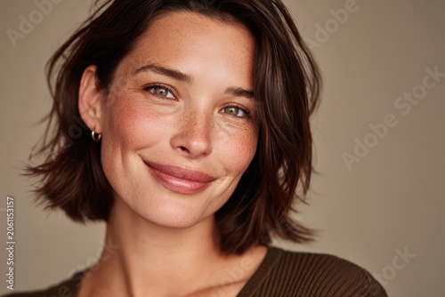 Friendly brunette portrait with a relaxed, everyday look and dimples