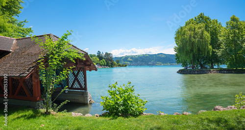 Slika na platnu beautiful Villette park landscape, tourist resort Cham, lake Zug, central switze