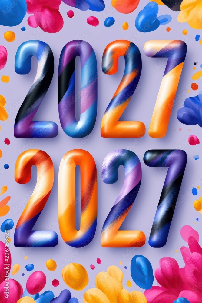 Fototapeta premium Colorful 3D numbers 2027 celebration design with vibrant painted brushstrokes for new year