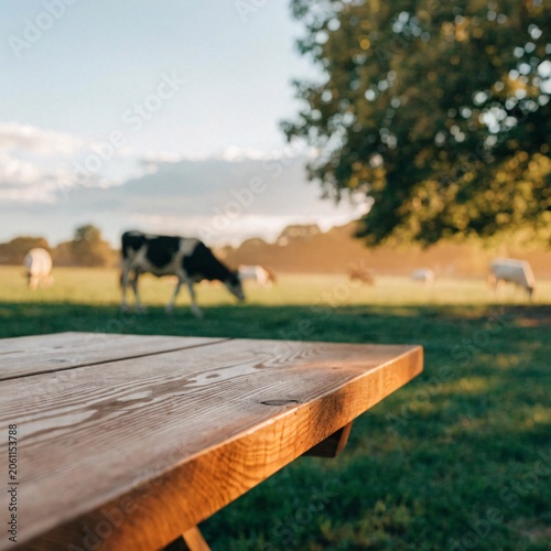 Rustic Picnic Table at Sunset Over a Peaceful Countryside V3