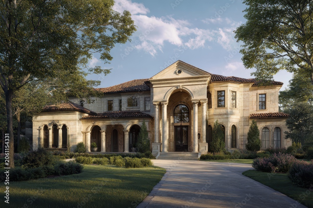 Fototapeta premium Grand front elevation of a fictional Texas mansion in warm limestone, elegant columns, and lush landscaping — 3D architectural rendering