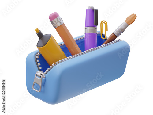 Open pencil case with marker pen pencil brush school supplies 3D icon object