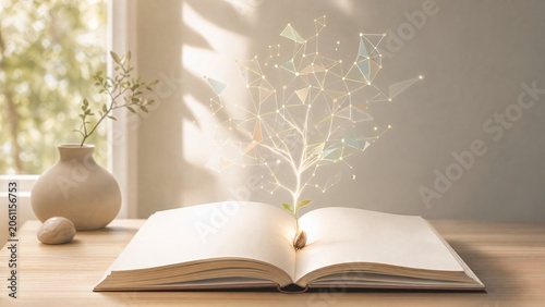 Open book with growing plant and digital tree illustration in bright indoor setting