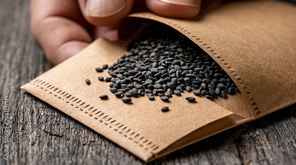 Fototapeta premium Hand holding a rustic brown paper packet filled with organic black sesame seeds resting on a dark textured wooden surface