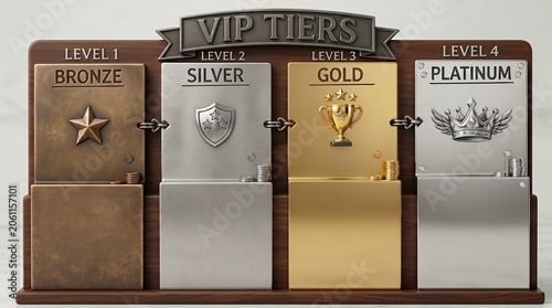 VIP Tiers loyalty program display, bronze silver gold and platinum membership levels, premium metal ranking system for business rewards