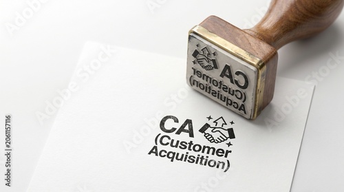 Customer Acquisition rubber stamp on white paper, CA marketing strategy concept, wooden handle stamper with black ink impression