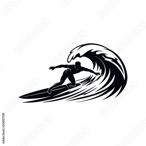 Vector silhouette of a male surfer riding a giant ocean wave