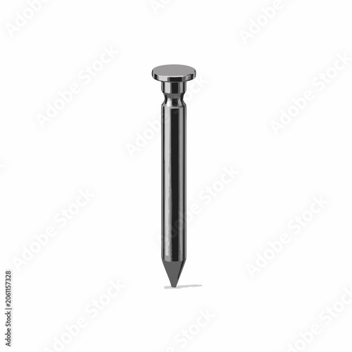 Single metallic iron nail standing vertically on a white background