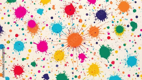 Colorful paint splatter pattern with random spots in bright vibrant red orange yellow green blue pink purple and teal on white background for artistic design