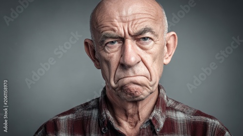 Intense portrait of a gruff elder man with a disapproving expression, plain background