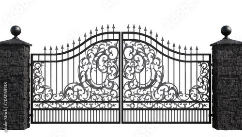 Vászonkép Ornate black metal double gates with decorative scrollwork and stone pillars