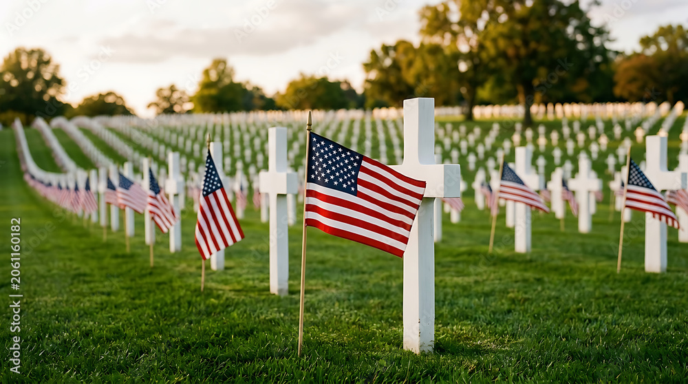 Fototapeta premium American flags placed at white crosses in a military cemetery at sunset