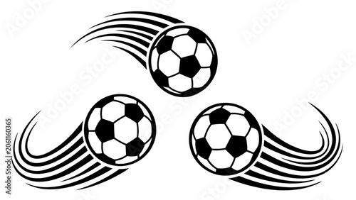 Photos Set of three soccer balls with motion speed lines, dynamic football icons, sport