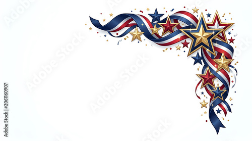 Patriotic corner border with ribbons and gold stars isolated on white background
