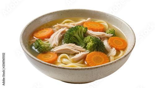 Fotografía Chicken noodle soup with broccoli and carrots in a speckled bowl