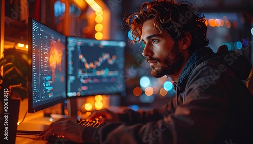 Focused Trader Analyzing Financial Data on Multiple Computer Screens