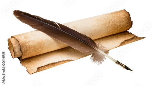 Quadro su tela Quill pen resting on aged parchment scrolls