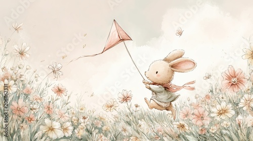Cute bunny flying a kite in a flower meadow. AI-generated.