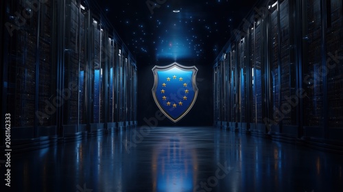 European cybersecurity shield inside a secure server facility. AI-generated.