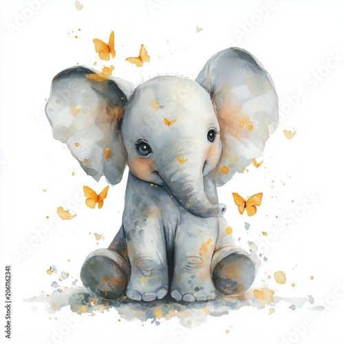 Baby elephant watercolor illustration with butterflies. AI-generated.