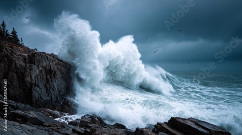 Massive wave crashes over jagged cliff under dark storm clouds
