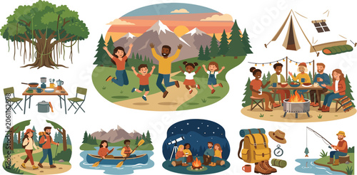 family camping adventure outdoor hiking vector illustration set with tent mountain campfire fishing kayak
