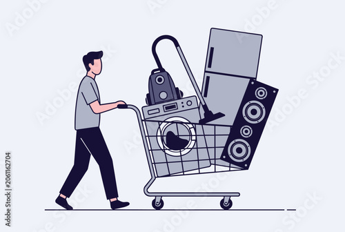 Customer pushing a large shopping cart filled with home appliances like a refrigerator, washing machine, and speakers.