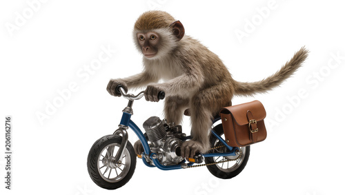 Monkey riding a custom motorcycle with leather saddlebag