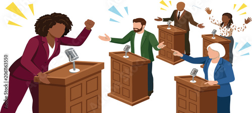 Obraz na płótnie Political debate and public speaking concept vector illustration with speakers a