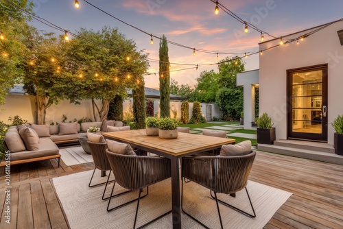 Minimalist outdoor living space with clean lines, greenery, and soft dusk ambience