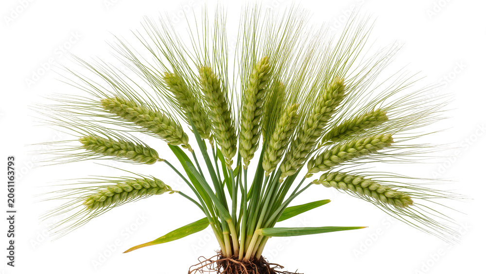 Fototapeta premium Green unripe barley ears with roots and leaves