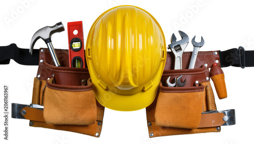 Photography Yellow hard hat and tool belt with hammer level, and wrenches