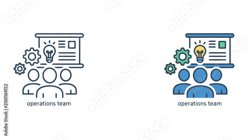 Operations team working together on strategic planning with lightbulb ideas and gear mechanisms in a modern flat vector illustration representing business efficiency and organized workflow processes