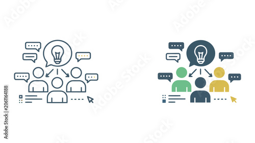 Creative team brainstorming and knowledge sharing with lightbulb innovation icons and speech bubbles in a flat vector illustration for collaborative problem solving and business development concepts